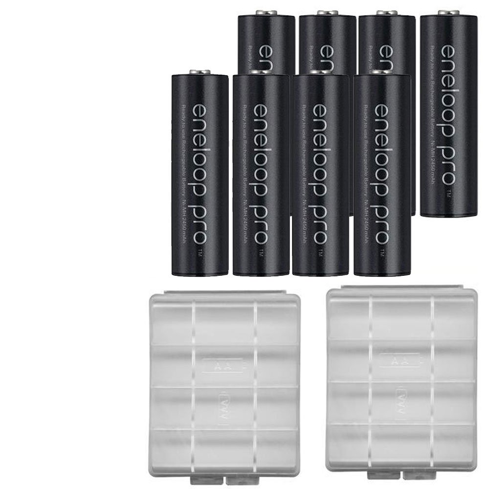PanasonicEneloop Pro XX High Capacity AA 8 Pack 2450mAh Minimum Ni-MH Pre-Charged Rechargeable Batteries up to 500 times charging With AA/AAA Battery Storage Hard Cases, 2 Pack