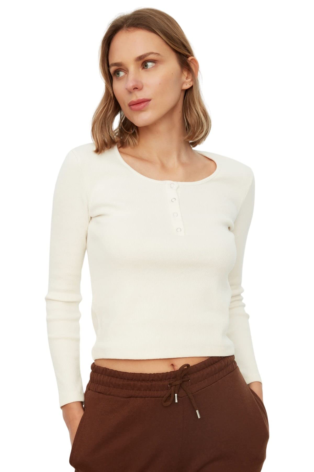 Trendyol Women Fitted Basic Square Collar Knit Blouse Ecru
