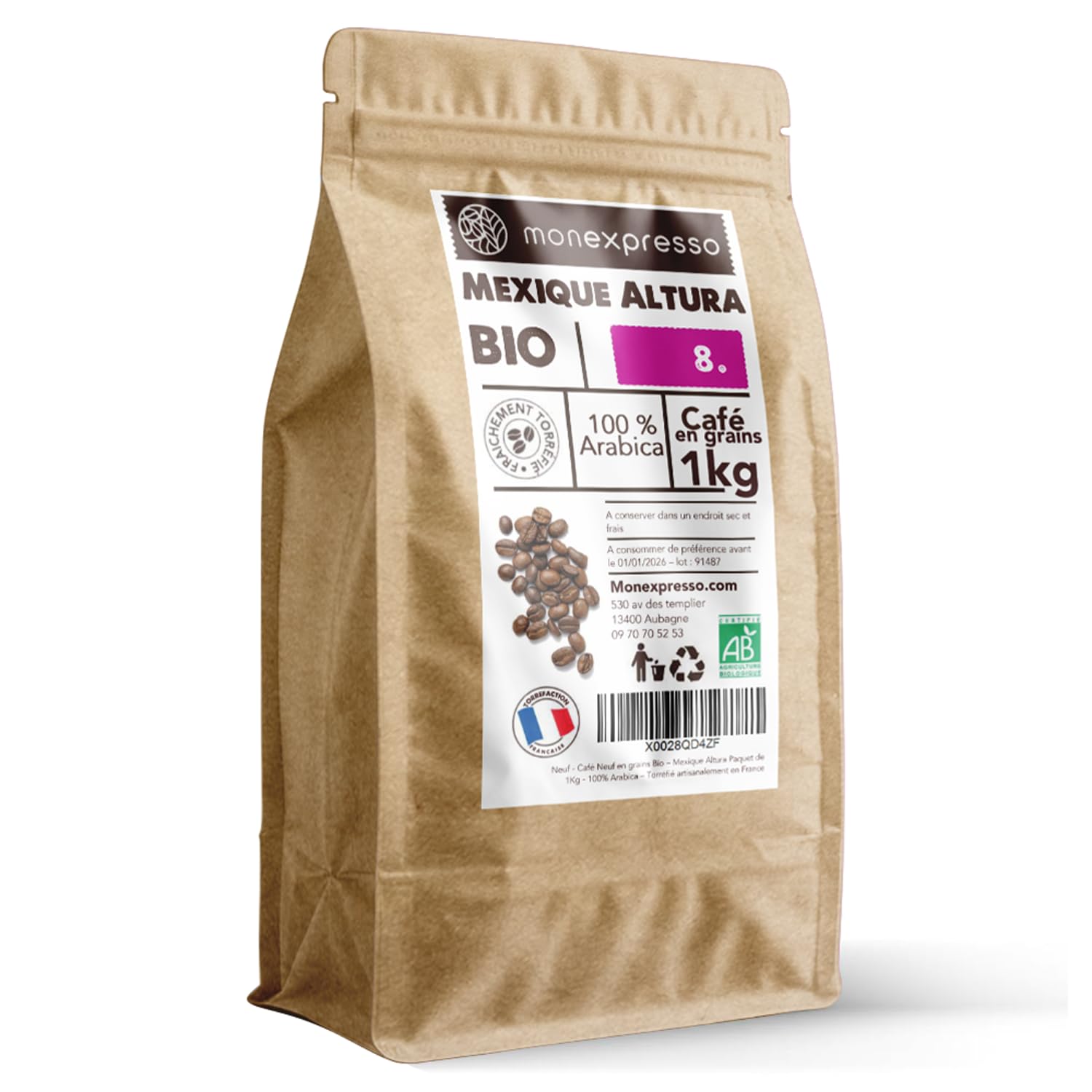 Café Grain Bio ★ Mexique Altura 1 kg ★ 100% Arabica ★ Intensité 8 ★ Paquet de 1Kg avec Zip ★ Torréfié Artisanalement France ★ 100% Agriculture Biologique ★ Café de Qualité ★ Satisfait ou Remboursé ★