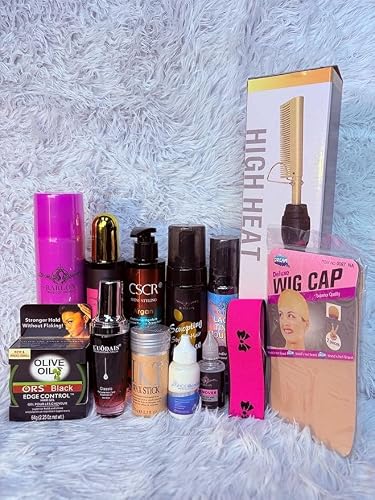 14pc Professional Hair Care Kit, Wig Styling Set with Edge Control Gel, Argan Oil Serum, Heat Protector, Wig Cap and Accessories