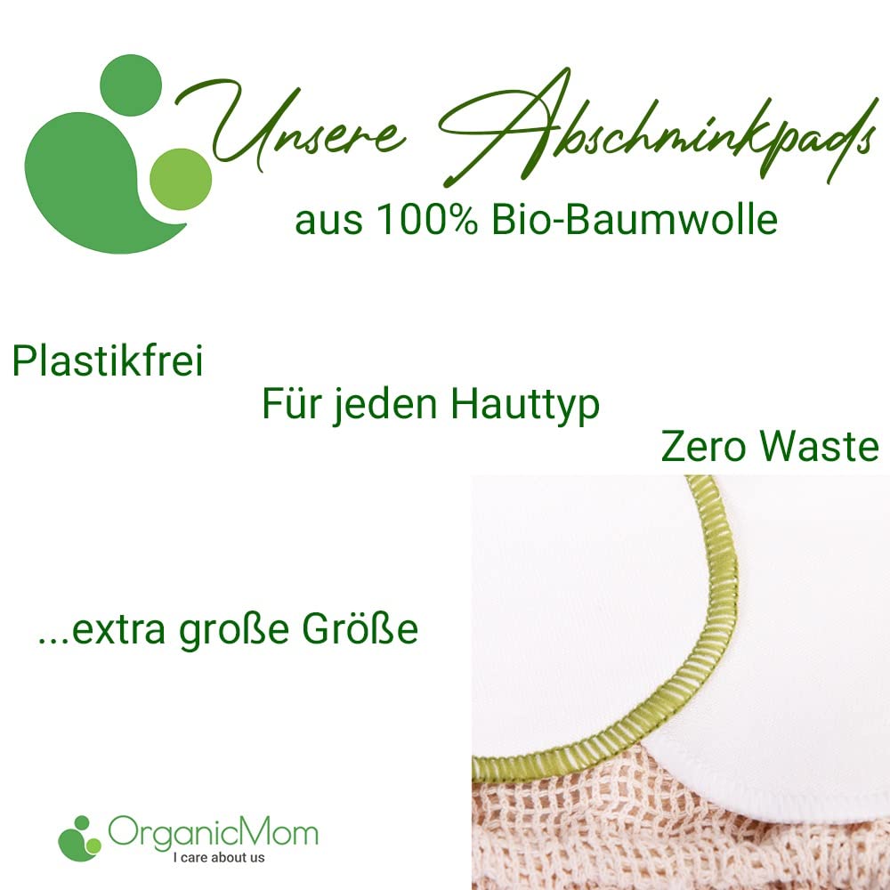 OrganicMom® 16 Abschminkpads aus BIO-Baumwolle waschbar/Wiederverwendbar/Extra groß 11cm / 2 Farben/Saugfähig & Weich/Makeup Entferner Pads/Bio Abschminktücher Gesicht & Hals/Stilleinlagen