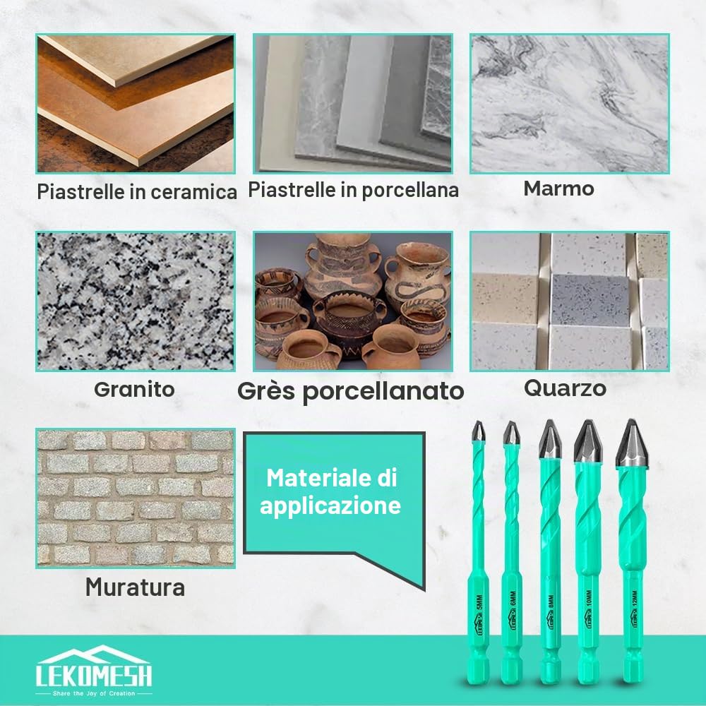 Set Punte Trapano Carburo - 10 pezzi 5mm*2+6mm*2+8mm*2+10mm*2+12mm*2 Punte Trapano Gres Porcellanato per Legno, Plastica, Muratura,Ceramica, Marmo, Vetro, Cambio Rapido con Gambo Esagonale
