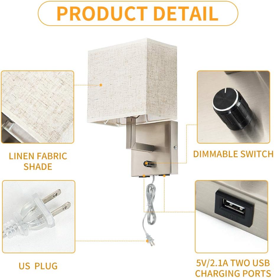 Bedside Wall Mount Light with Dimmer Switch and Two USB Charging Port,Fabric Linen Shade Wall Sconces Light with Plug in Cord and Satin Nickel Finish, Perfect for Bedroom, Living Room and Hotel