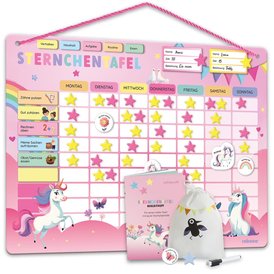 Rabano Belohnungstafel für Kinder – [400 Magnete + über 100 Aufgaben] - Belohnungssystem - Routine Planer & Wochenplaner Kinder, Haushaltsplan (Einhorn)