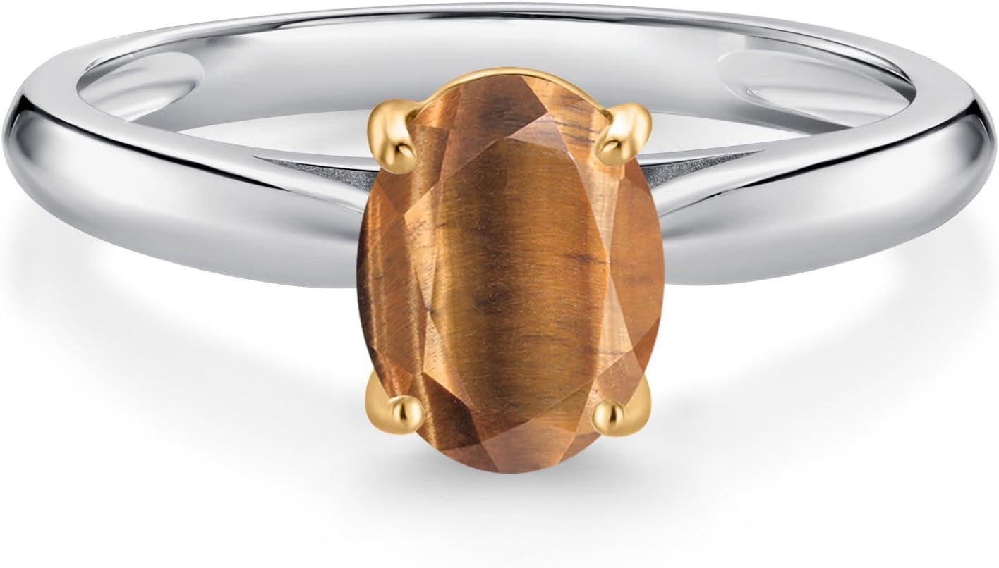 Gem Stone King Oval Gemstone Birthstone Solitaire Engagement Ring For Women | 925 Sterling Silver and 10K Yellow Gold | Oval 8X6MM | Available In Size 5, 6, 7, 8, 9