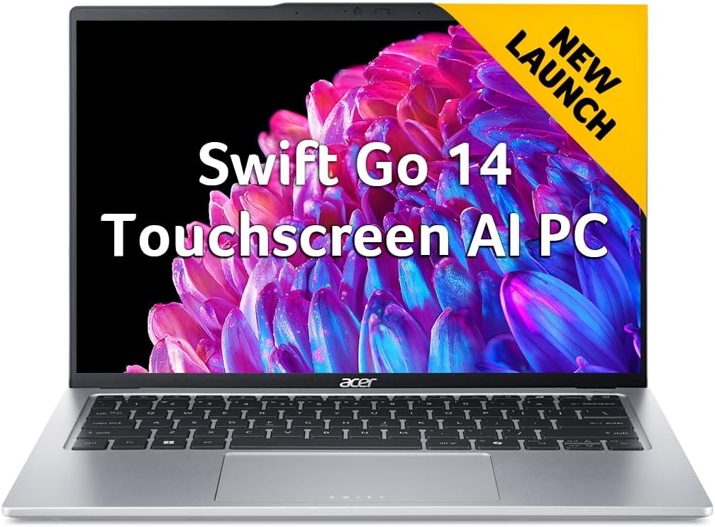 acer Swift Go 14, Intel Core Ultra 5-125H, 16GB RAM, 512GB SSD, WUXGA IPS 14"/35.56cm, Touchscreen, Windows 11, MS Office, Pure Silver, 1.3Kg, SFG14-73T, 1440p Camera with Shutter AI Powered Laptop