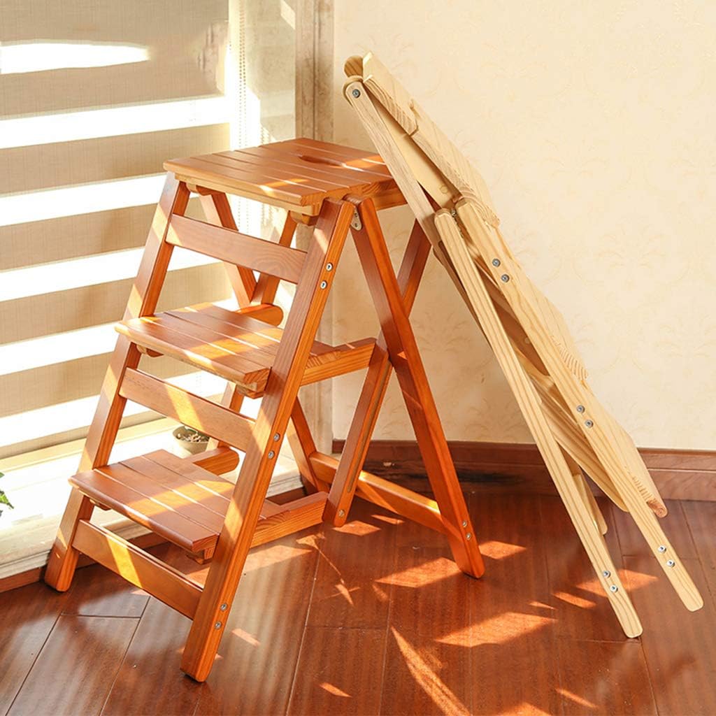 Moveable 3 Steps Ladder Stool Folding Staircase Chair Storage Shelf Solid Wood Indoor Stepladder Height 66cm,Load Bearing 150kg (Color : Wood Color)