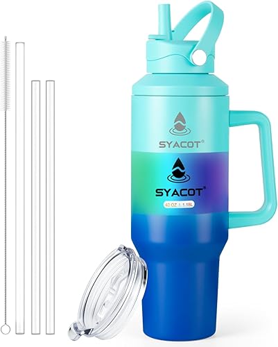 Miniatura 18 de Vaso de 40 onzas con asa y popote o se convierte en botella de agua aislada de 40 onzas que cabe en el portavasos. Botella de agua de metal de acero