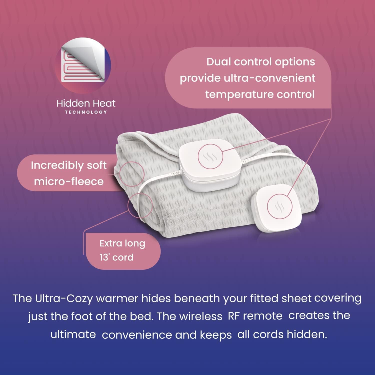 Hidden Heat Electric Foot of the Bed Warmer by SpotWarm; Wireless RF Remote, Microplush Flannel Mattress Warmer for Heated Feet. (King Size - 74" by 28")