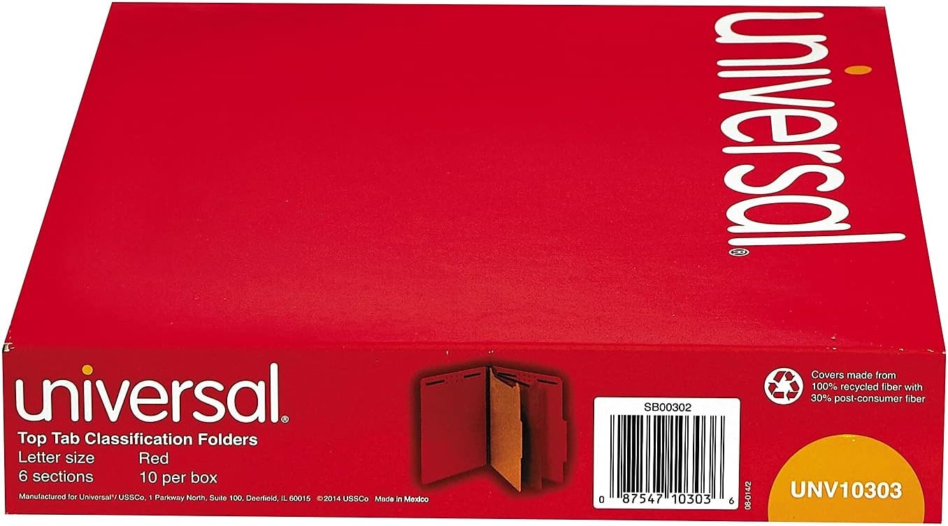 Universal 10303 Pressboard Classification Folders, Letter, Six-Section, Ruby Red, 10/Box : Top Tab Classification Folders : Office Products