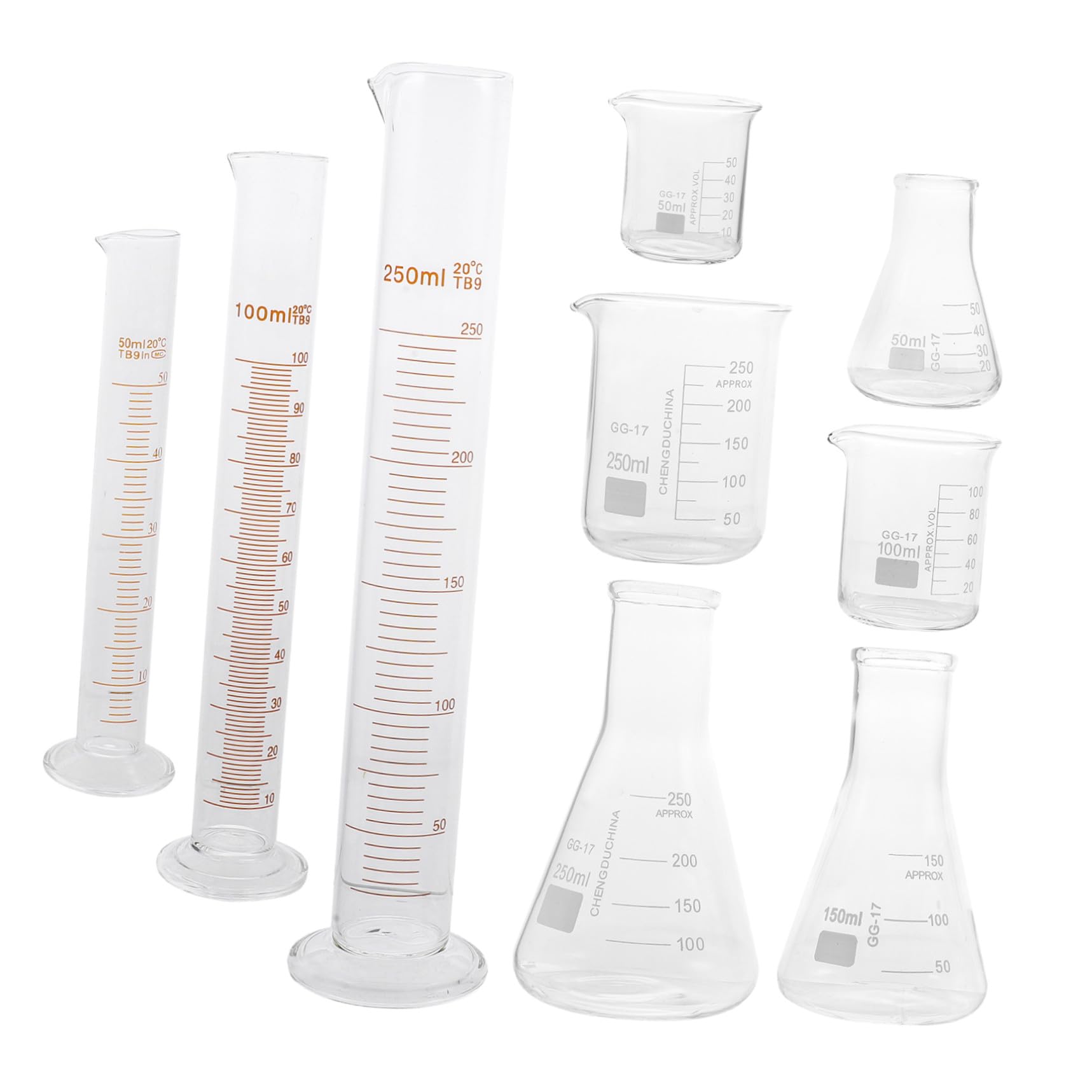 PLAFOPE 9piezas Cristalería De Laboratorio Científico Vaso Graduado De Vidrio Matraz Cónico De Herramientas Para Experimentos Químicos Casa o Clase