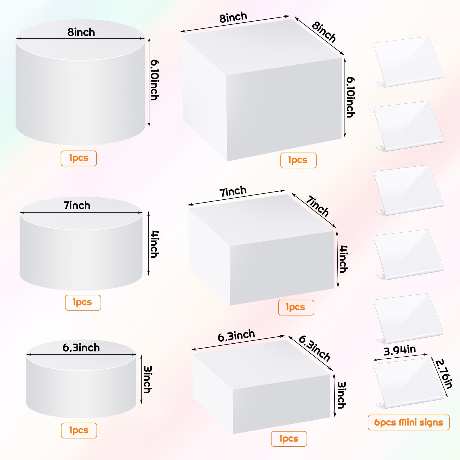 Lot de 6 rehausseurs de nourriture avec panneaux de table pour table de buffet, boîte de présentation en acrylique à collectionner, cube cylindre, rehausseurs gigognes avec fond creux