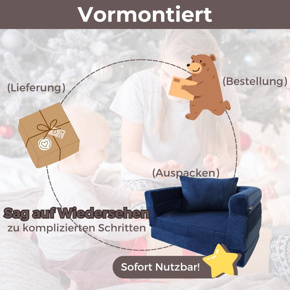 Wonder Space Vor-montiertes Kinder Schaumsofa mit Decke & Kissen, Kleinkind 3-in-1 Konvertierbares Sofa, Innen Zusammenklappbarer Lounger Stuhl & Klappbares Bodenbett für Jungen & Mädchen (Marine)