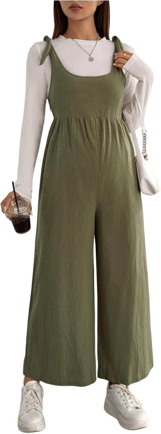 OYOANGLE Women's Maternity Tie Knot Suspender Overall Wide Leg Long Pants Jumpsuit