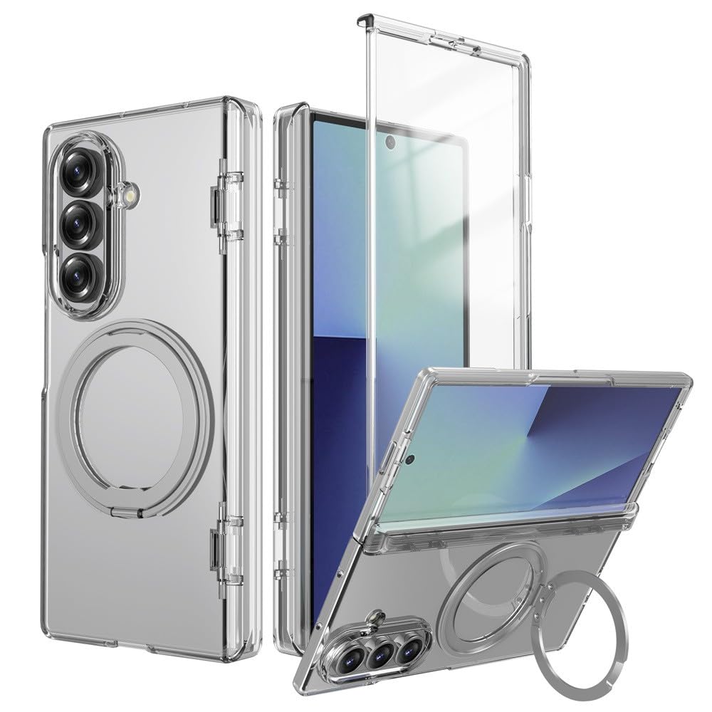 Generic Custodia compatibile con Samsung Galaxy Z Fold 7 (colore: trasparente) cerniera rigida flip custodia in metallo anello con copertura dello schermo