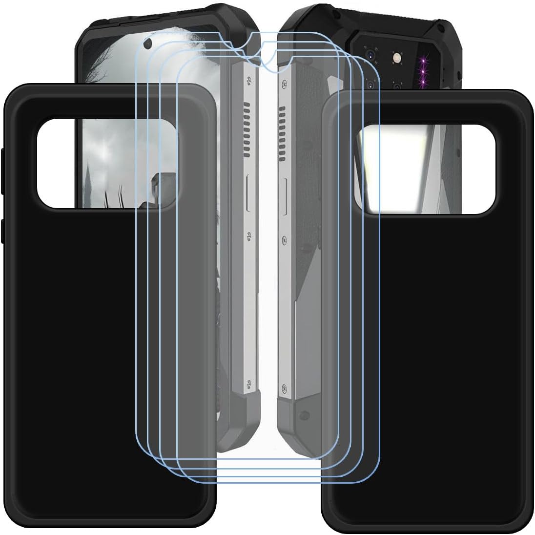 [2 Pack] Black Cover for Unihertz 8849 Tank 3S + [4 Pack] HD Tempered Glass, Silicone Shell TPU Protective Back Case - Scratch Screen Protector for Unihertz 8849 Tank 3S (6,79")