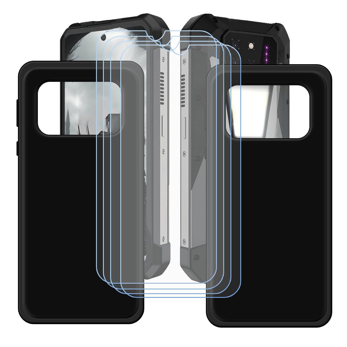 [2 Pack] Black Cover for Unihertz 8849 Tank 3S + [4 Pack] HD Tempered Glass, Silicone Shell TPU Protective Back Case - Scratch Screen Protector for Unihertz 8849 Tank 3S (6,79")
