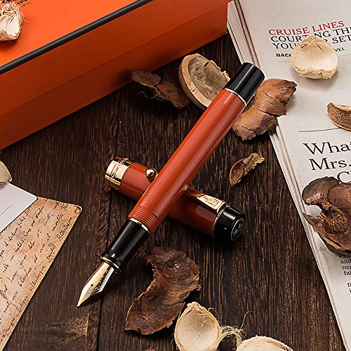 Jinhao Classic Fountain Pen Orange Red Celluloid, Medium Nib With Conveter And Pen Case Set #TOP2
