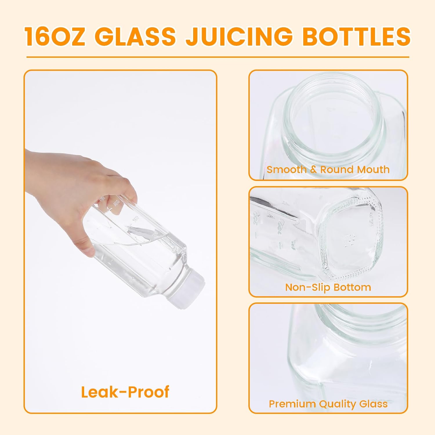 6 Pack 16oz Glass Juice Bottles with Lids, Reusable Milk Containers, Glass Drinking Jars for Juice, Bubble Tea, Smoothie, Tea, Kombucha