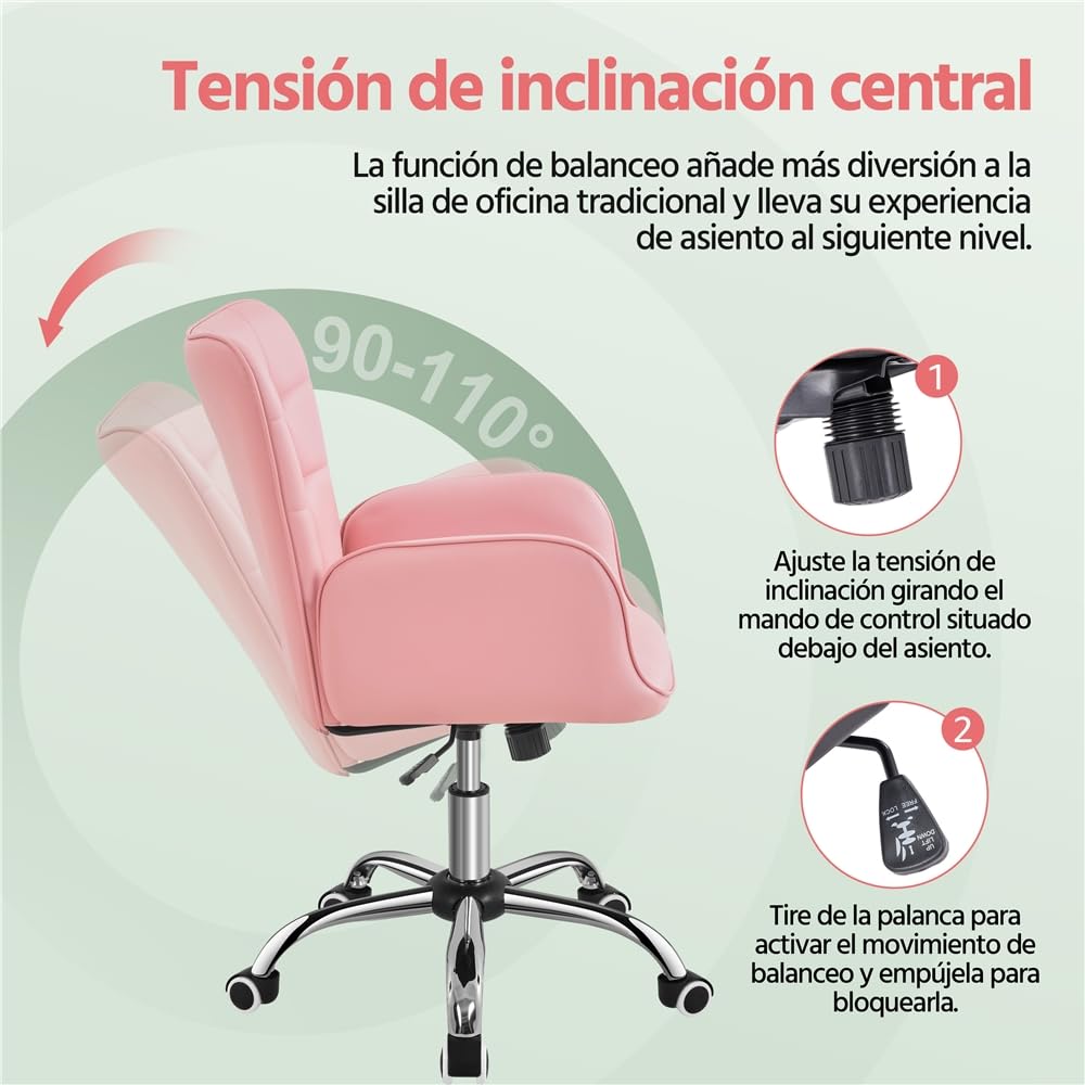 Yaheetech Silla de Oficina Ergonómica Reclinable con Ruedas Rosa