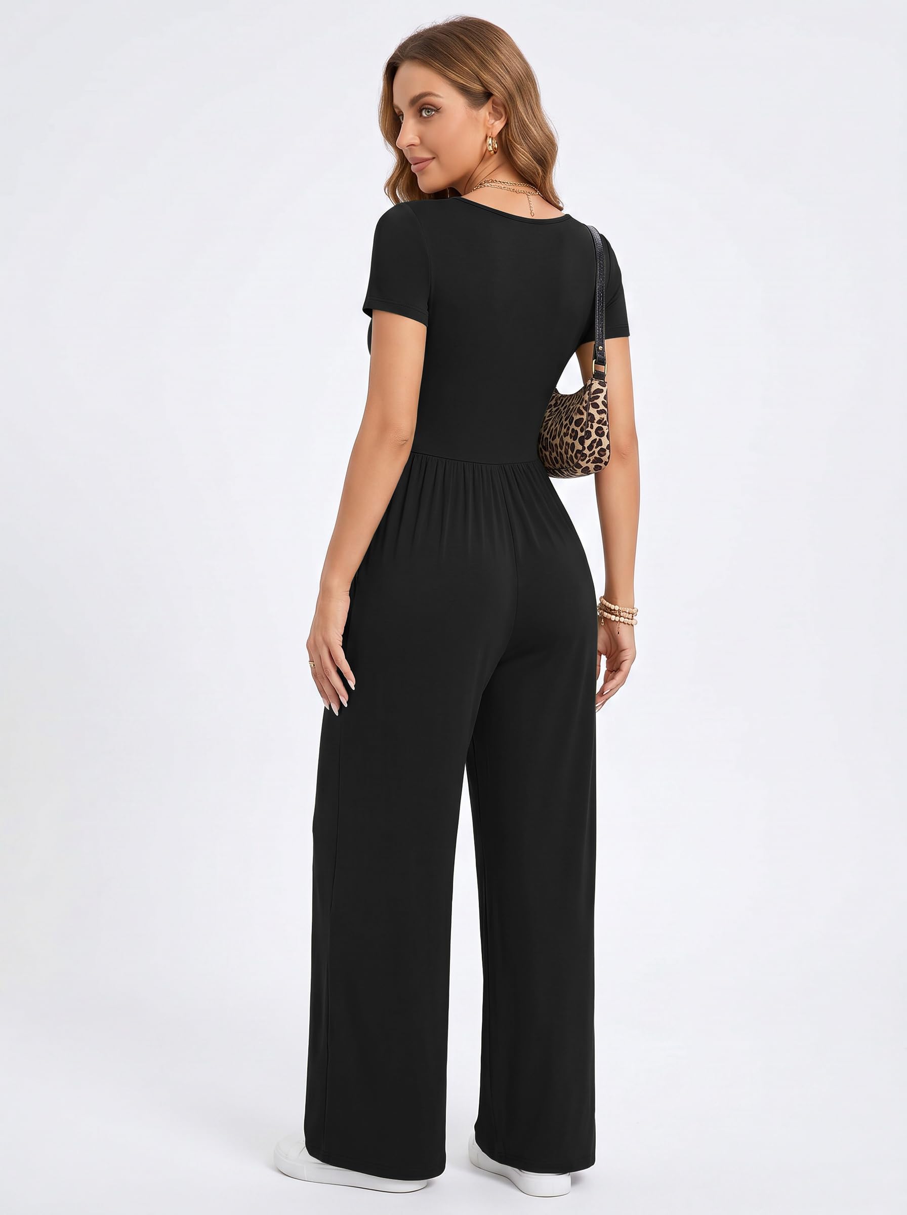 Tuta Intera Donna a Maniche Corte Scollo a U Estiva Casual Jumpsuit a Gamba Larga Palazzo a Vita Alta con Tasche Elegante Slim Fit Monopezzi e Tutine Basic Lungo Overall Elasticizzata Tute