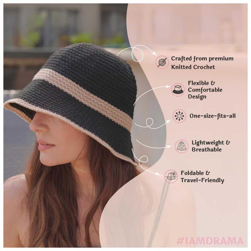 Image of Hair Drama Co. Crochet Bucket Hat for Women | Comfy & Casual Knit Handmade Foldable Floppy Hat | Summer Crochet Bucket Cap for Women & Girls