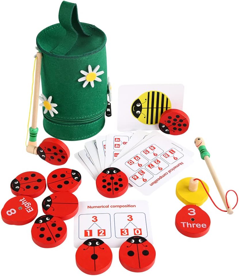 WODI Wooden Counting Ladybugs 0-10 Alphabets & Numbers Sorting Montessori Educational Toys for Toddlers Girls&Boys 3+ Learning to Count Cards Matching Painted Ladybug Toy