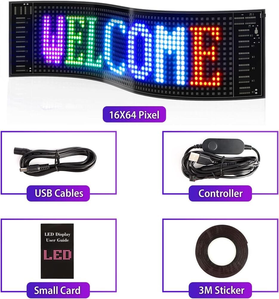 Flexible Panneau Affichage LED, Panneau Publicitaire Lumineux Programmable 37x9.2cm, néon pour la Décoration de la Chambre, Enseigne de Fenêtre, Voiture Plaque Lumineuse Camion