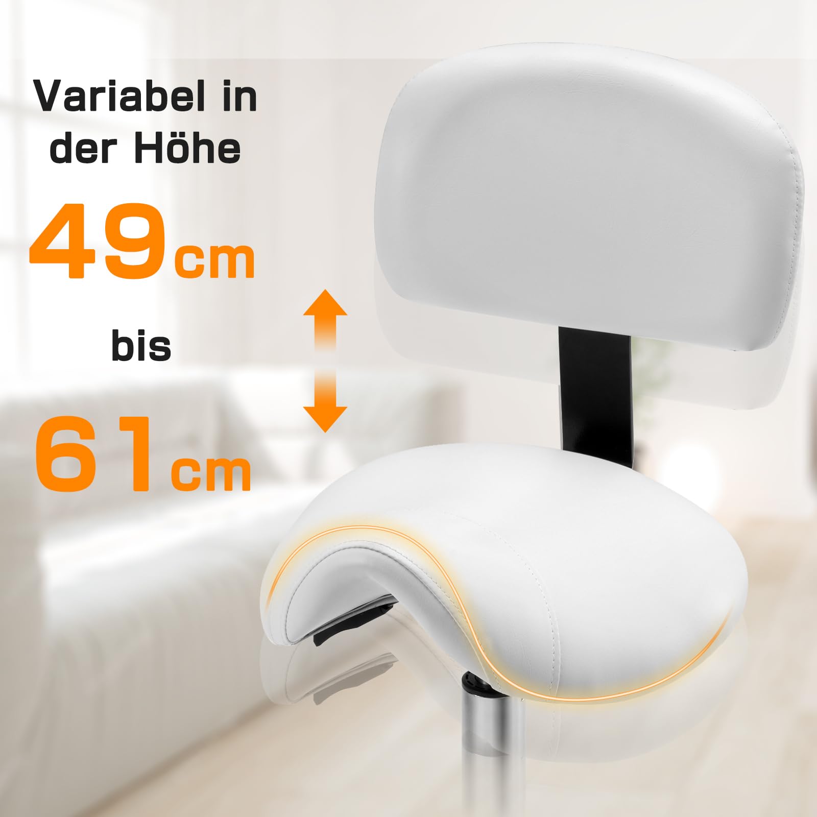 Sattelhocker mit Lehne – 360° drehbarer Hocker mit Rollen und verstellbarer Fußstütze | Sattelhocker mit Rollen höhenverstellbar 49-61 cm | Ideal für Büro, Salon und Kosmetik als Rollhocker (Weiß)