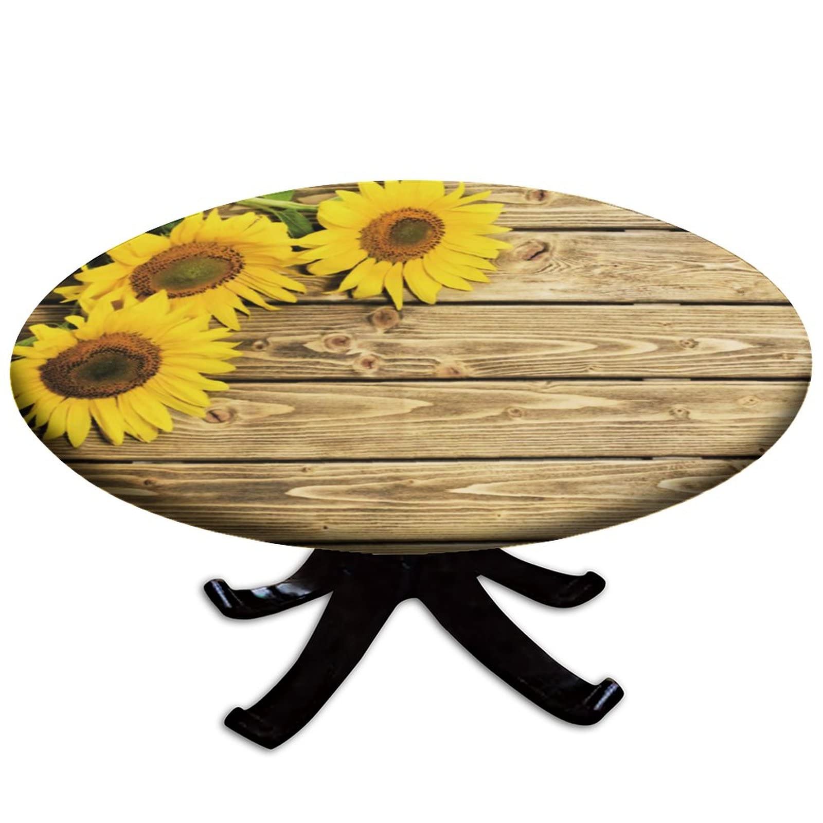 igoga sports Sunflower Fitted Tablecloth Round with Elastic, Wood Grain Spring Edge Table Cover Pad for Outdoor Picnic Party or Indoor Kitchen Patio Dining Table Decor Fits Tables Up to 56'' Diameter