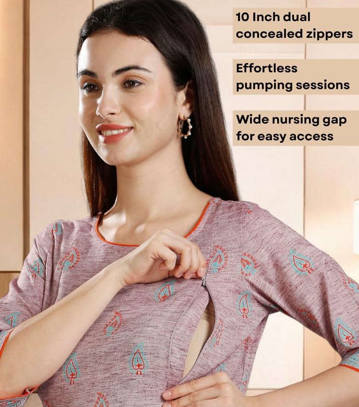 Image of DUMMY SHAPE Maternity Dresses for Women Cotton | Rayon Printed Feeding Anarkali Kurta with Dual Nursing Zipper Access During Pre & Post Pregnancy | Baby Shower Gifts for Mom to Be