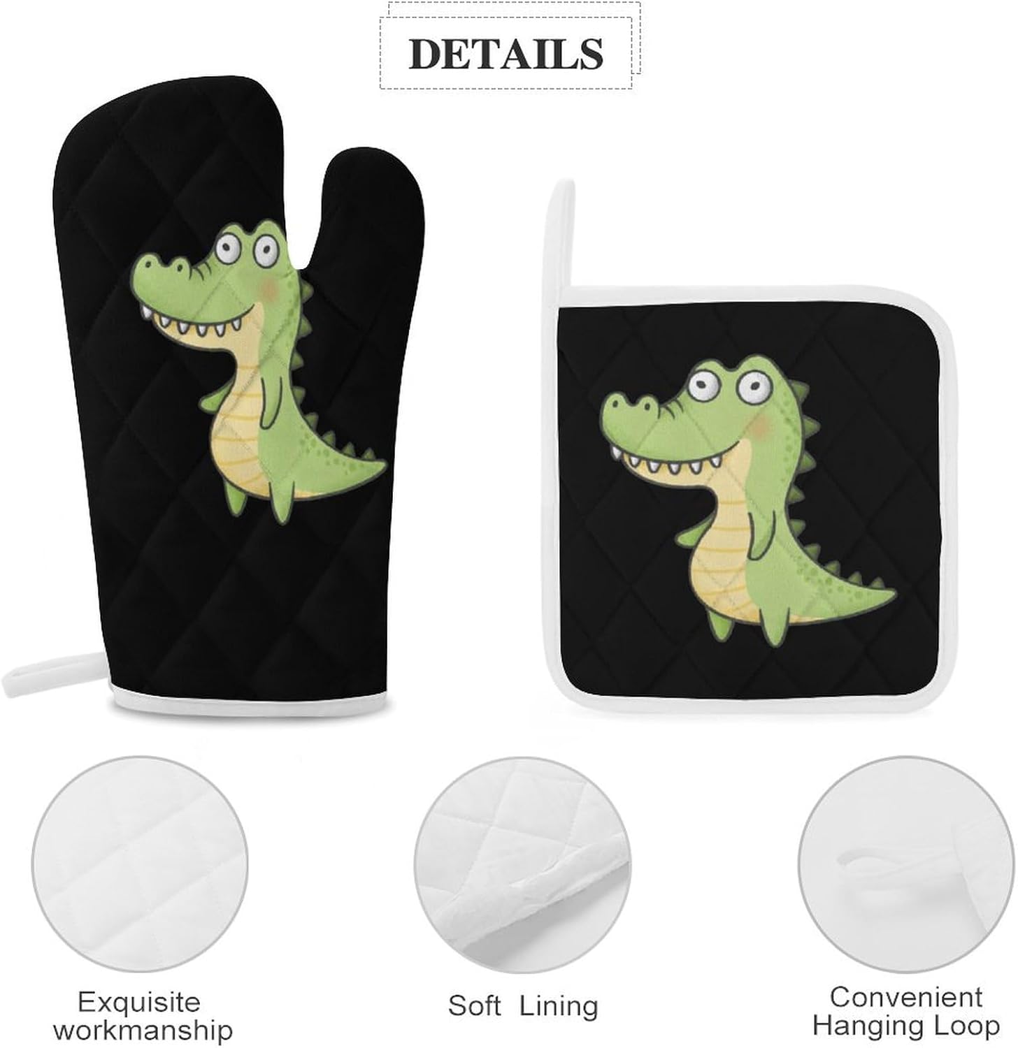 Cute Alligator Print Oven Mitts and Pot Holders 3 Piece Sets Heat Resistant Gloves Hot Pads Potholders for Kitchen Baking Cooking