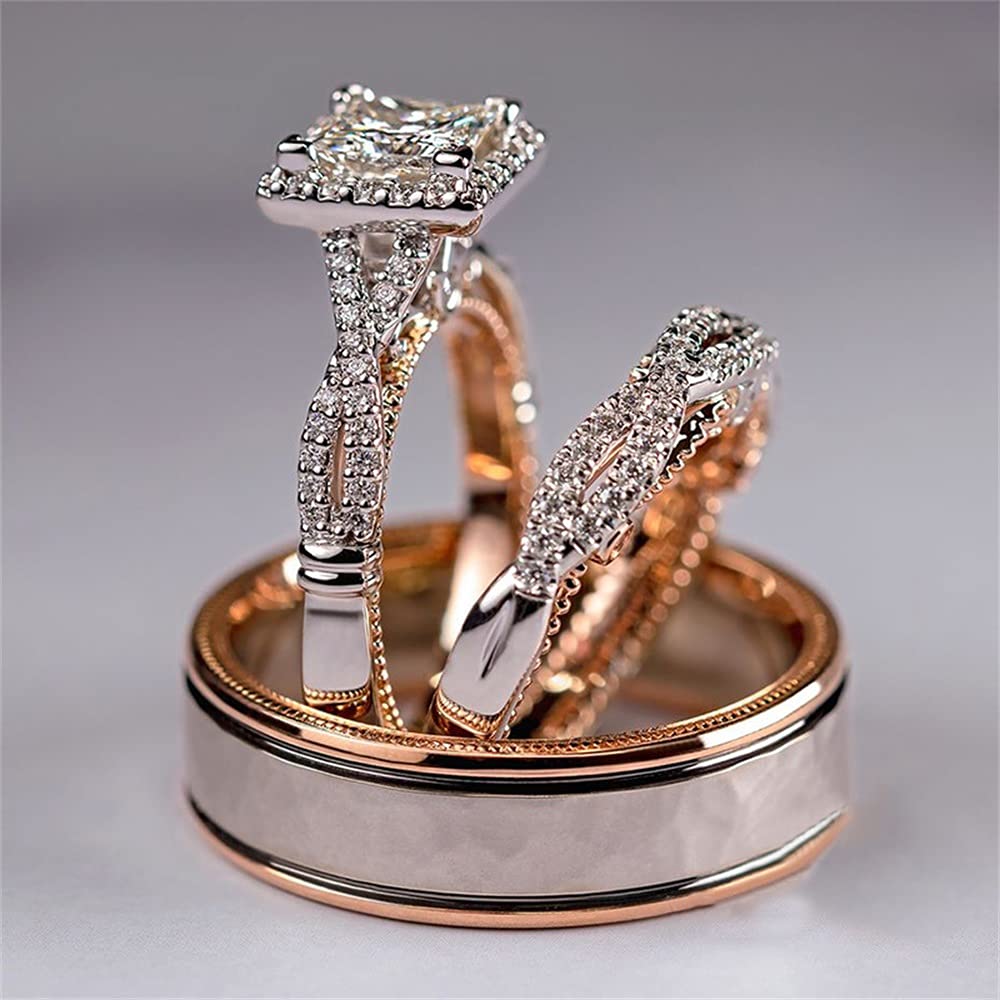 18K Rose Gold Shiny Full Diamond Ring Set AAA Square Cut Cubic Zirconia Eternity Band Rings CZ Diamond 3 Pcs Ring Set Wedding Engagement Anniversary Promise Rings Bridal Sets ST.068 (10)