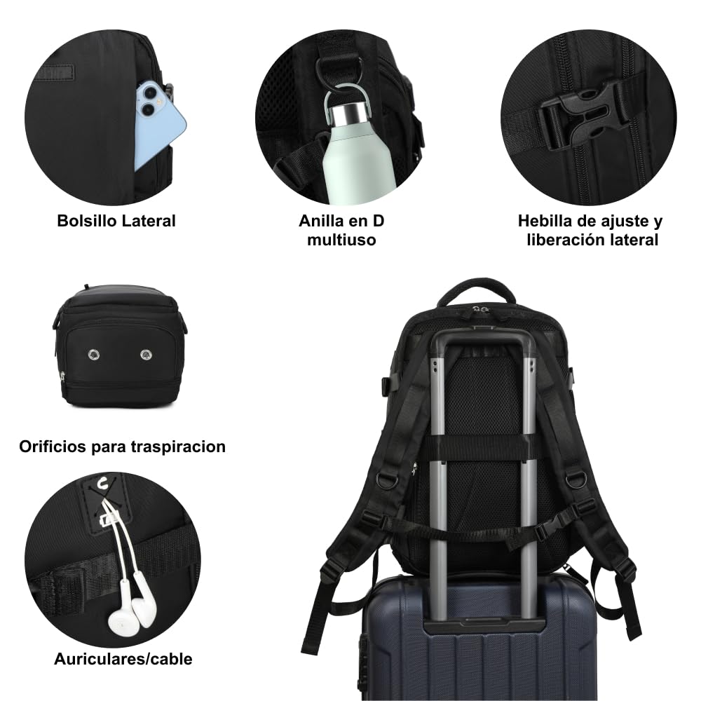 1990s Mochila de viaje cabina expandible para Ryanair 40x25x20-25cm,con bolsa de zapatillas,mochila casual impermeable extensible compatible con portátil 15" - 5