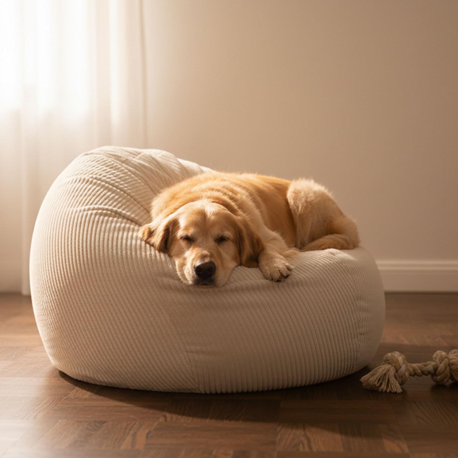 LIVEDECO - Pouf Poire Déhoussable avec Billes, Velours Côtelé Beige, Intérieur pour Salon, Chambre - BiG52