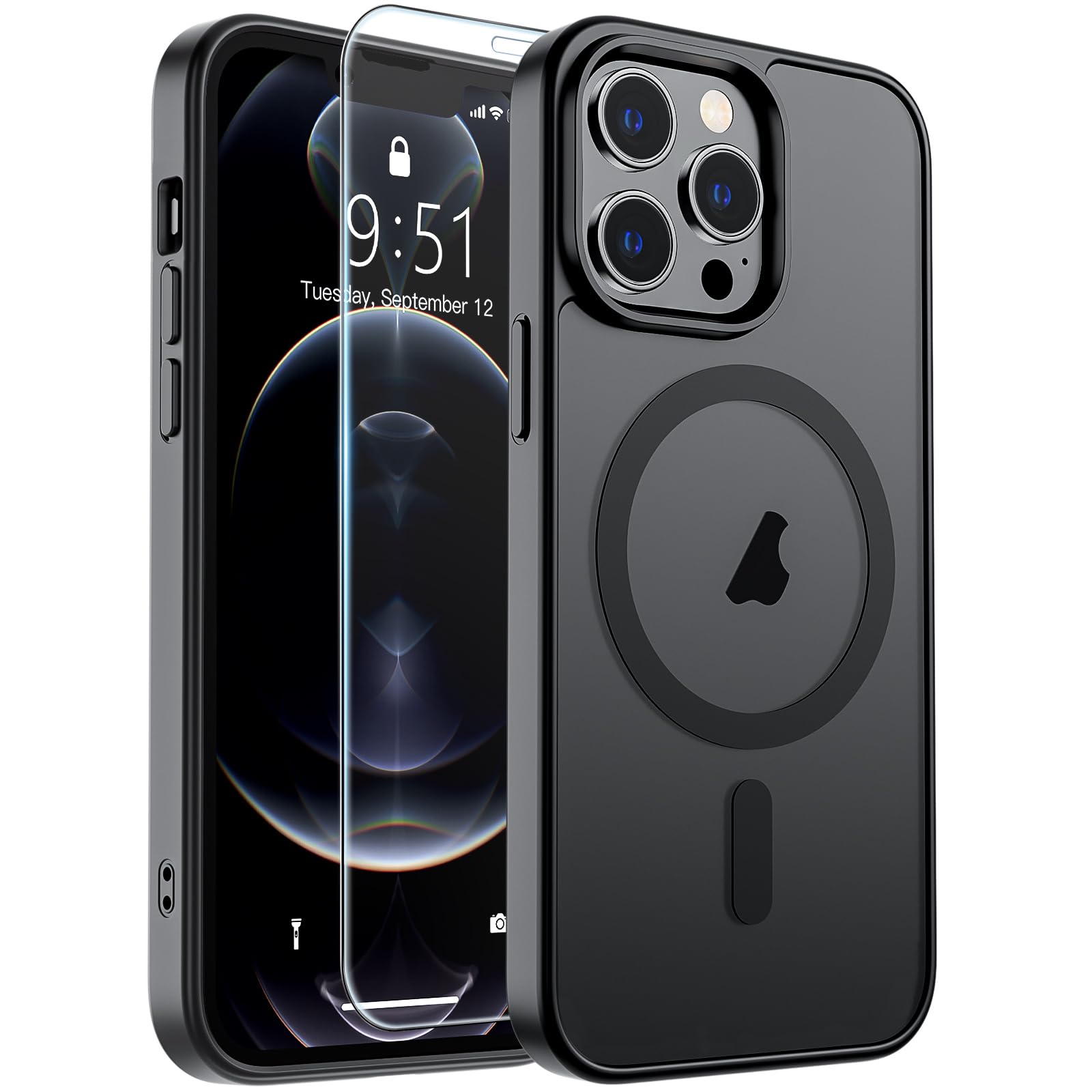 SUPFINE Magnetic for iPhone 12 Pro Max Case Black | With Screen Protector, Translucent Matte, Compatible with MagSafe, Military Grade Drop Proof, Rugged Shockproof Protective