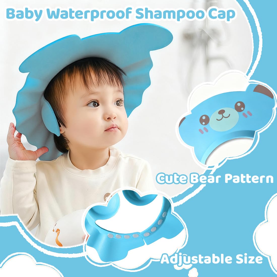 2 cuffie da doccia per bambini con protezione per le orecchie, ausili per lo shampoo, cuffie per il lavaggio dei capelli dei neonati (disegno con orso blu).