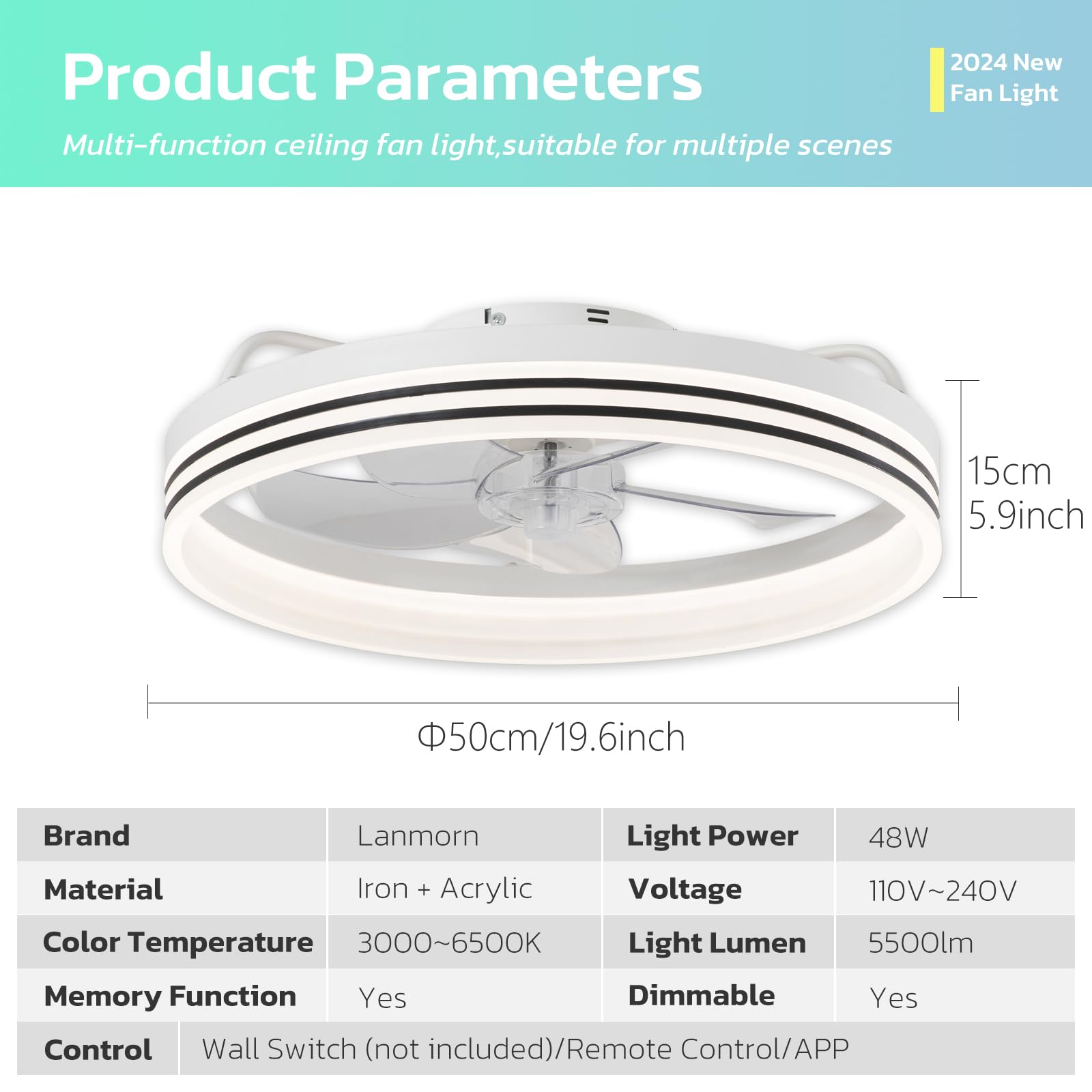 Ventilatore da soffitto moderno Smart da 48,3 cm, con luci e telecomando, dimmerabile LED 5 pale reversibili, ideale per piccole stanze, camera da letto, cucina, colore bianco, tecnologia Fandelier
