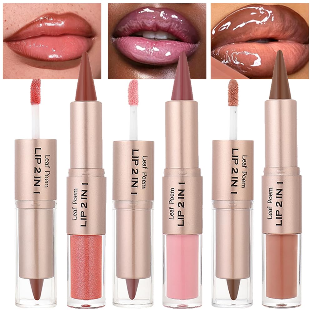 3 Pcs Lip Liner and Gloss Set, 2 in 1 Ombre Lipstick Kit, #4 5 6
