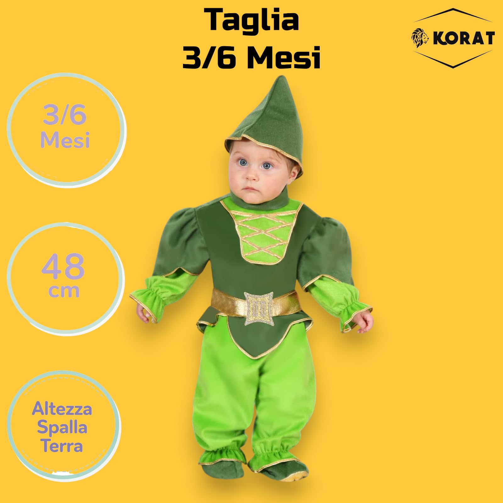 KORAT - Costume Peter Pan Neonato 3/6–13/18 Mesi – Travestimento Carnevale con Cappello Casacca Cintura Pantalone e Copriscarpette – Costume Fiaba Design Italiano per Bambini