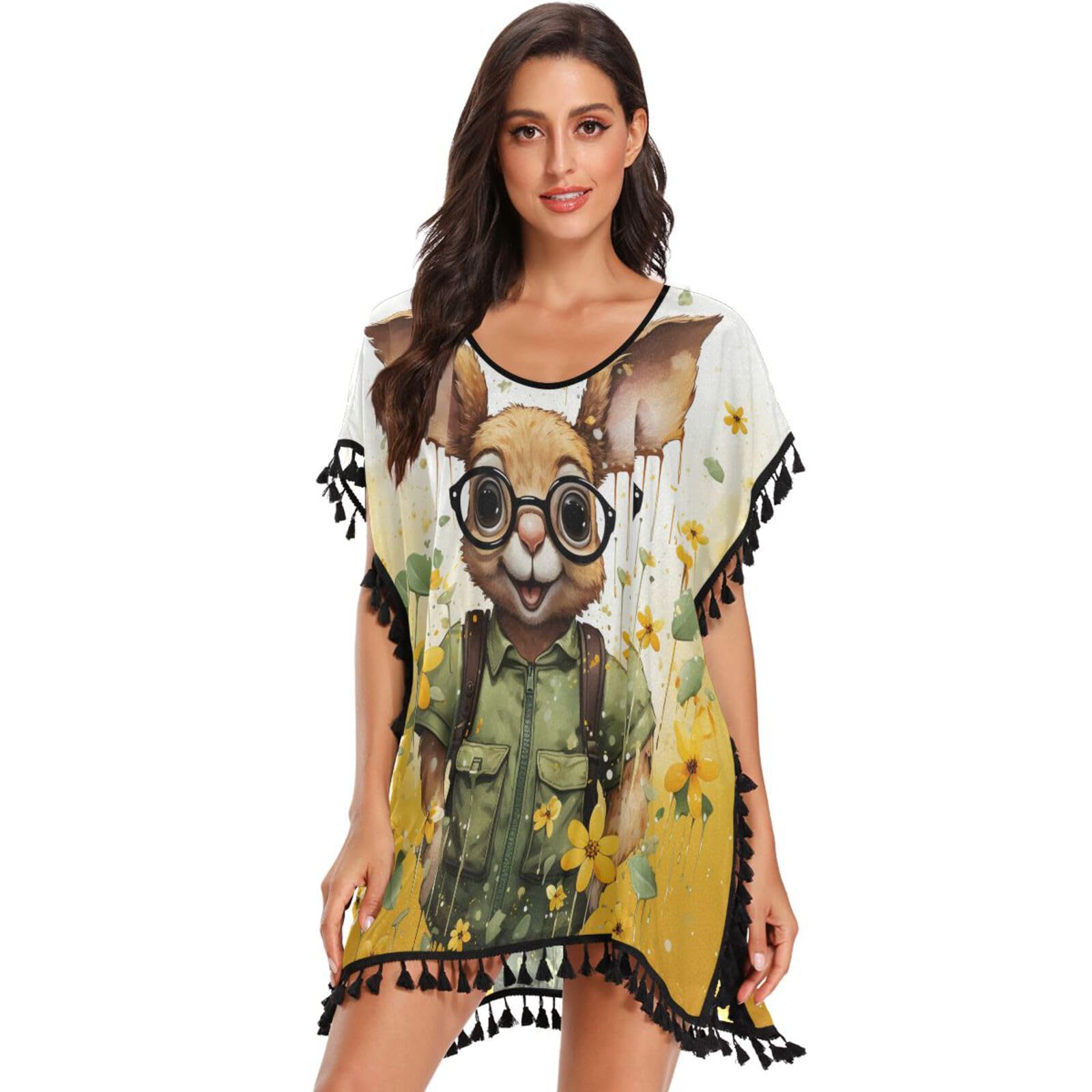 Crayon Art Brown Kangaroo Women's Beach Cover Up Chiffon Tassel Swimwear Swimsuit Coverups for Girl