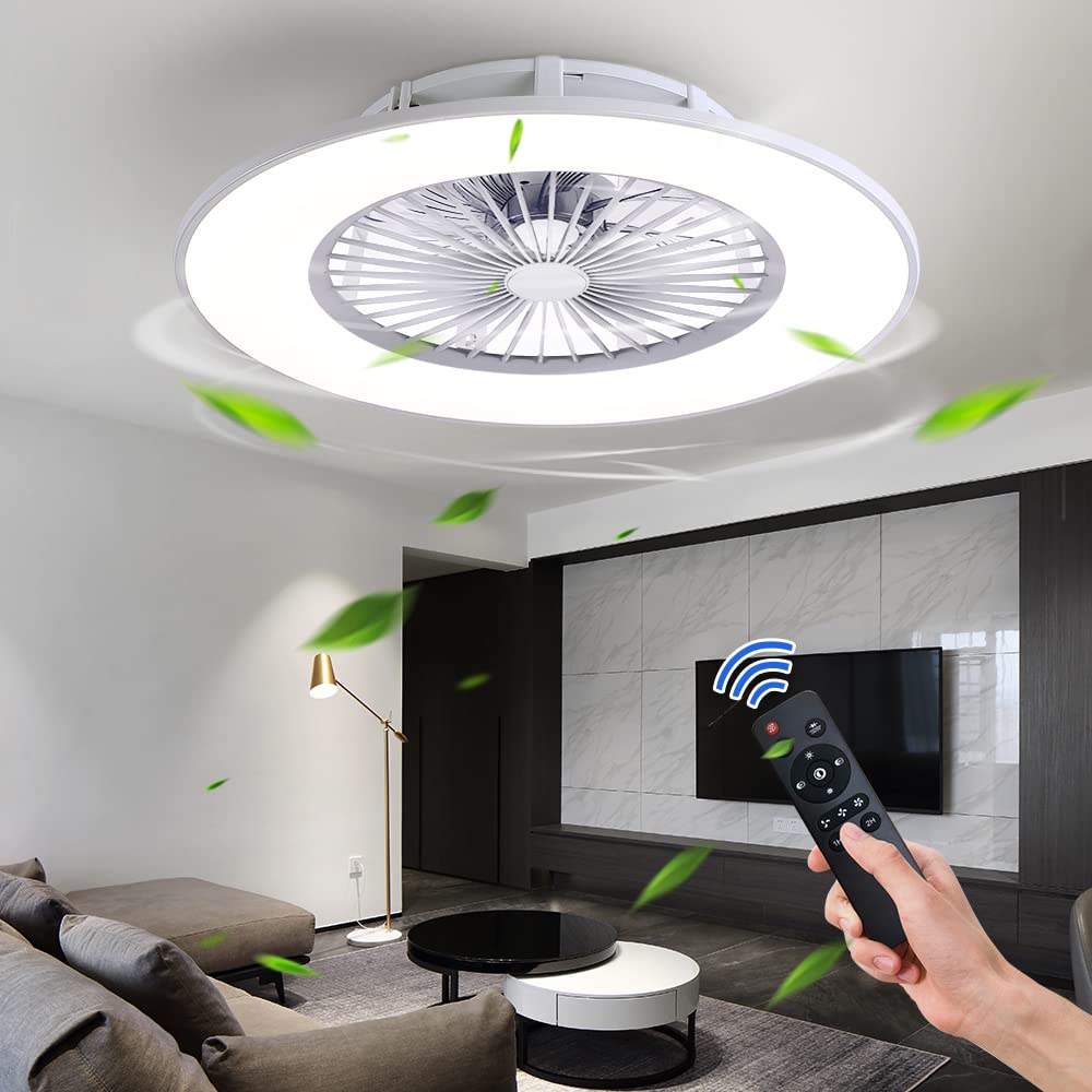 Semi Flush Mount Enclosed Low Profile Fan, 23 inch, Round Shape, with Remote Control, (3000k/4000k/6500k) Lighting & Ceiling Fans, Living Room/Bedroom/Room,Ceiling Light Fixture (White)