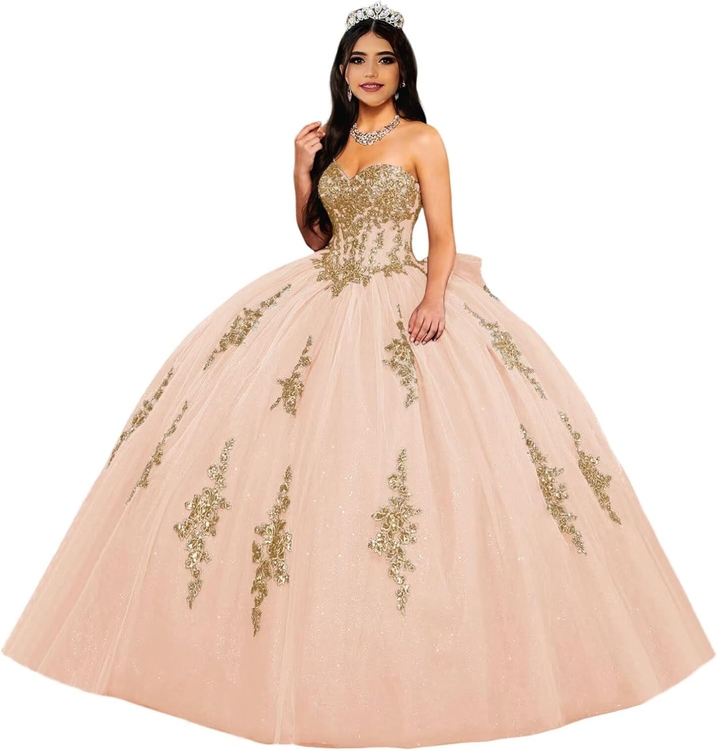 Fuomomo Women's Blush Pink Gold Lace Appliques Sweetheart Quinceanera Dresses Puffy Ball Gowns Strapless Prom Dresses With Bow Mt035
