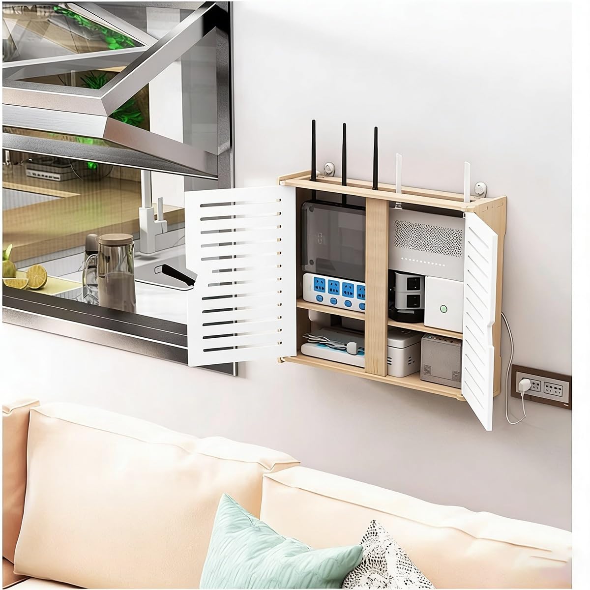 Organisateur de routeur Mural，Support WiFi en Bois avec Dissipation Thermique, Gestion de câbles et sans perçage pour Modem, décodeur TV, Salon(42x38CM16.5x15in)