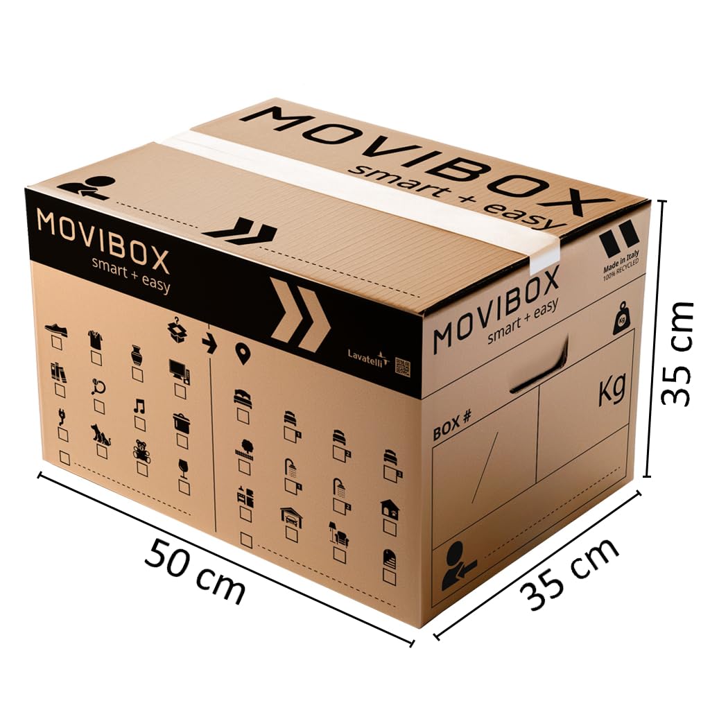Lavatelli Movibox - 10 boîtes de déménagement 50 x 35 x 35 cm taille universelle - Double vague robuste - Avec symboles contenu et pièce destination, poignées pré-découpées - boîtes en carton