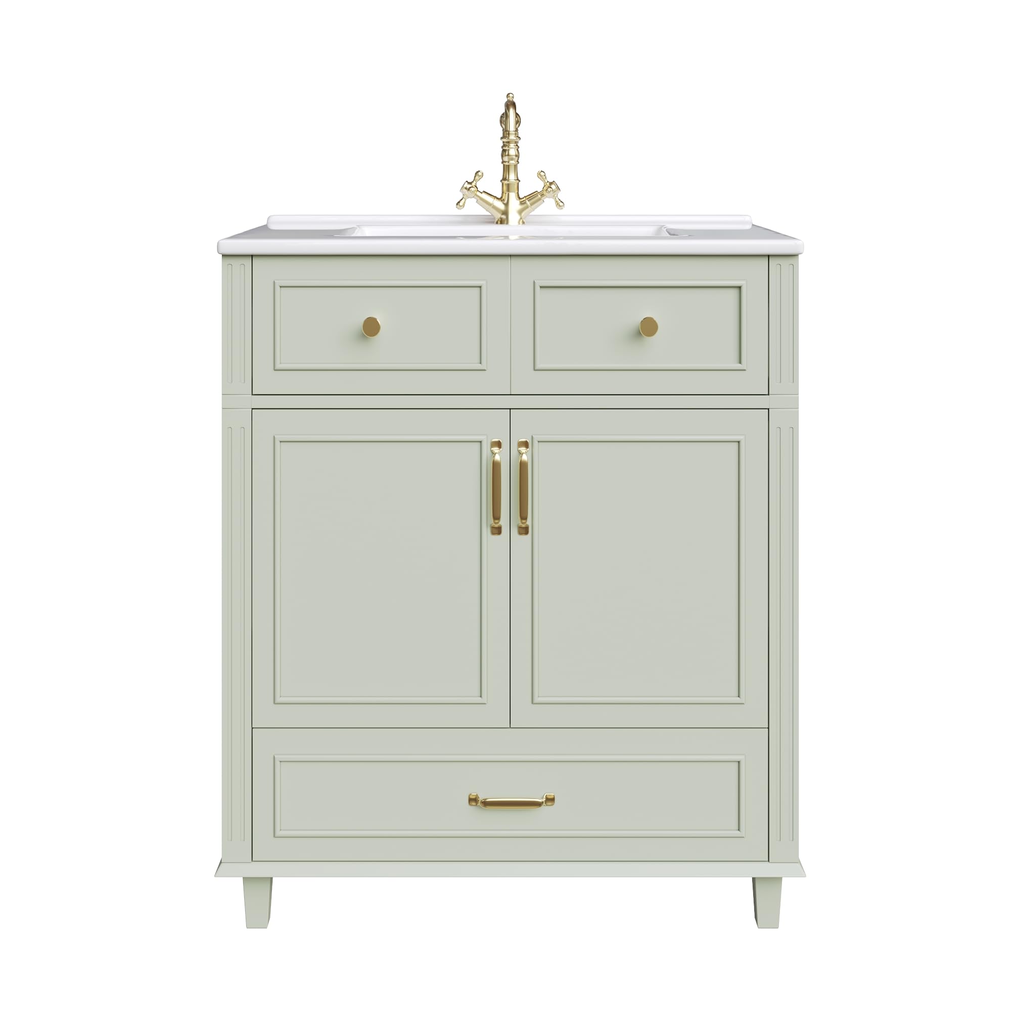 Meuble lavabo 81 cm avec Vasque en céramique, Petit Meuble sous-Vasque avec 3 Tiroirs et Rangement Caché, Poignées Dorées, Désign Simple Moderne, WC Invités, Salle de Bain, Vert-G