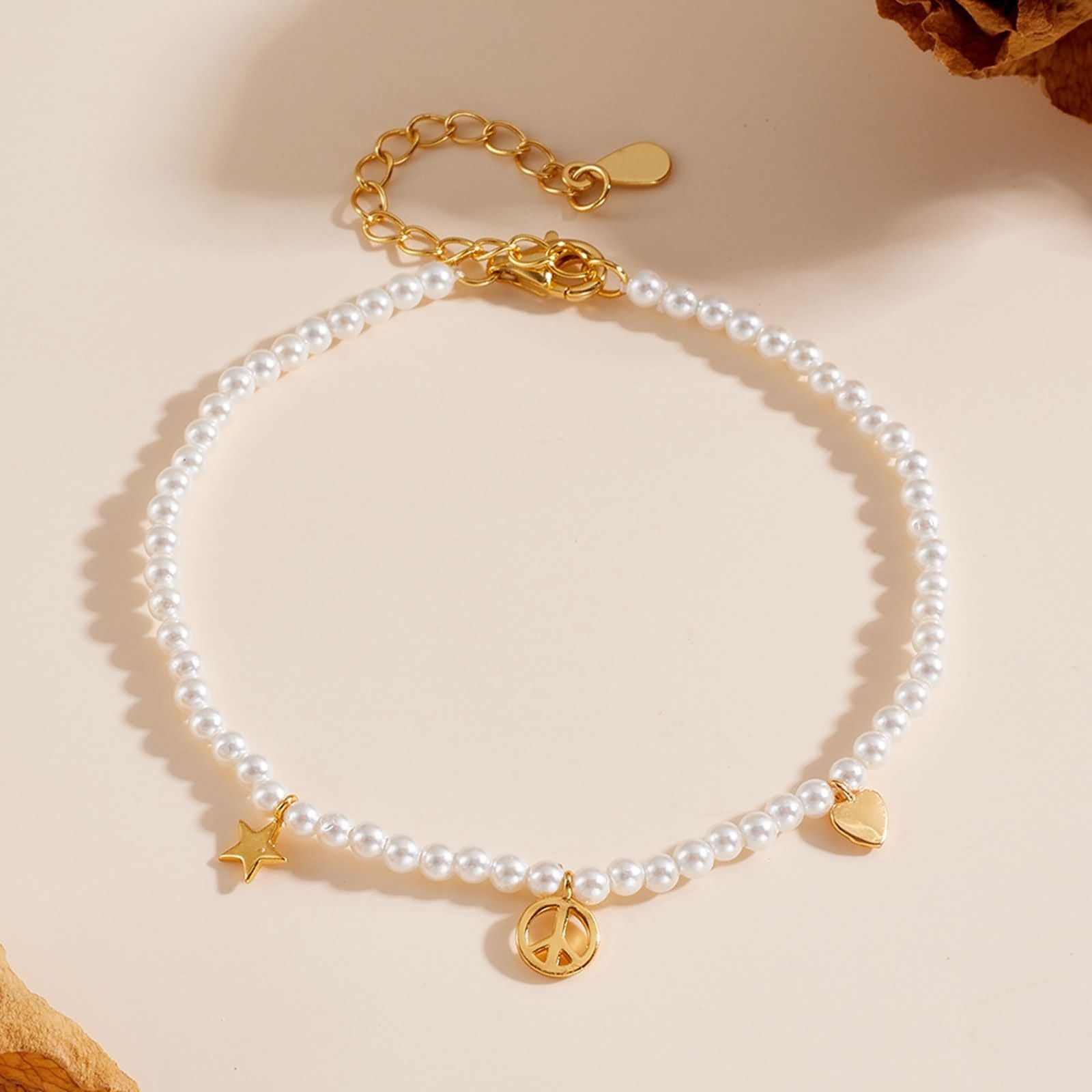 Pulseras de Mujer de Oro 9K / 14K / 18K, Perlas con Estrella y Corazón, Cadena Extensible 16 CM + 5 CM, Pulseras Cadena Oro Ajustable Mujer