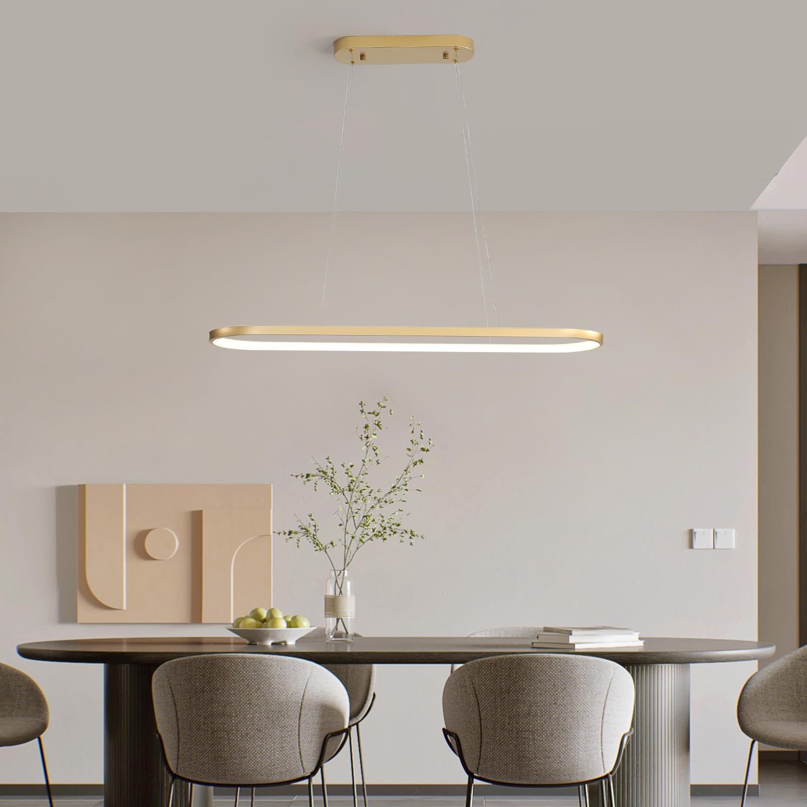 Lampadario Ovale Lampadari a LED Dimmerabile Plafoniera Ad Anello Lampadario moderno Tavolo Pranzo Con Telecomando Altezza Regolabile Per Soggiorno Sala da Pranzo Cucina Studio Oro 90cm