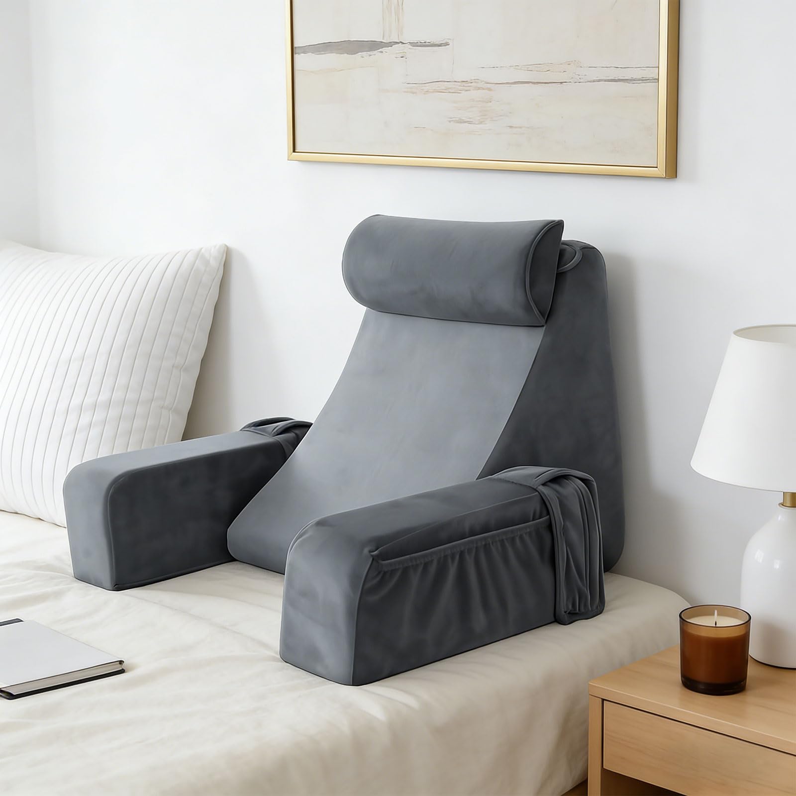 Cuscino da lettura per letto e divano, con braccioli e cuscini per la testa rimovibili, ergonomico, per la schiena, colore grigio, per leggere, lavorare, guardare la TV