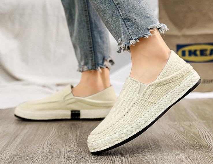 Men's Canvas Slip-on Espadrilles Loafers,Fashion Breathable Hand Stitching Linen Indoor Outdoor Non-Slip Comfortable Flat, Casual Walking Sneakers Moccasins Boat Shoes2